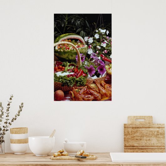 Wassermelonenkorb mit Blume schneiden Poster (Küche)