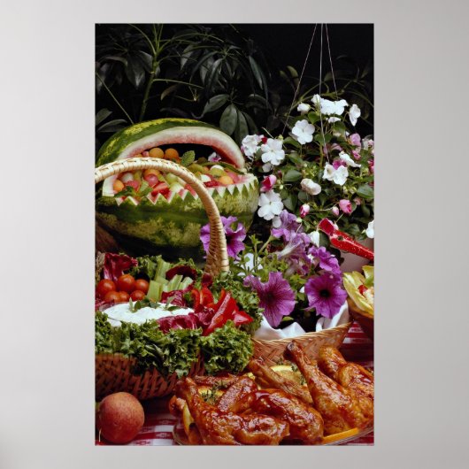 Wassermelonenkorb mit Blume schneiden Poster (Vorne)