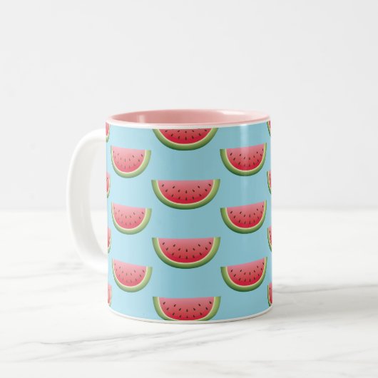 Wassermelonmuster auf blauem Hintergrund Zweifarbige Tasse (Vorderseite Links)