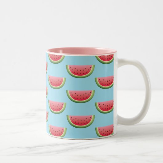 Wassermelonmuster auf blauem Hintergrund Zweifarbige Tasse (Rechts)