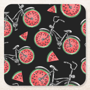 Wassermelonrad Fahrräder, Sommermuster. Rechteckiger Pappuntersetzer