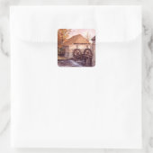 Wassermühle Aquarellmalerei von Farida Greenfield Quadratischer Aufkleber (Tasche)