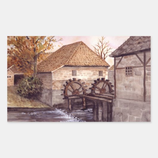 Wassermühle Aquarellmalerei von Farida Greenfield Rechteckiger Aufkleber (Vorderseite)
