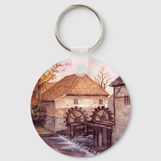 Wassermühle Aquarellmalerei von Farida Greenfield Schlüsselanhänger (Vorderseite)