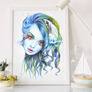 Wassernixe Frau Surrealer Fantasieporträt-Kunst Poster