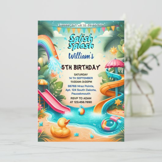 Wasserpark Cool Sommerspulpadt 4. Geburtstag Einladung (Stehend Vorderseite)