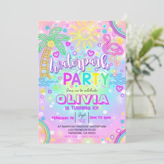 Wasserpark Party Einladung Nea Rainbow Wasserpark (Stehend Vorderseite)