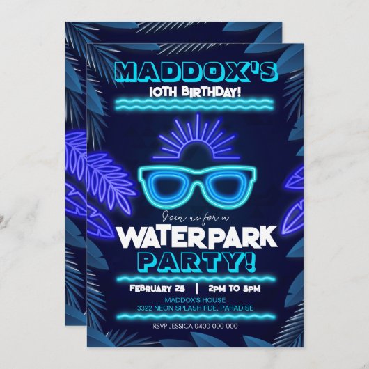 Wasserpark Party Einladung Neon Boy Sommer (Vorne/Hinten)