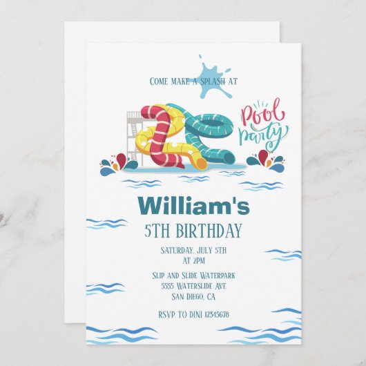 Wasserpark Wasserrutsche Pool Party Geburtstag Einladung (Vorne/Hinten)