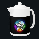 Wasserpentagramm<br><div class="desc">Künstlich gezeichnet, leuchtendes Pentagramm mit fünf magischen Elementen, Wasser, Erde, Feuer, Astral, Luft auf schwarzem Hintergrund. Wiccan Pentagram. Wicca</div>