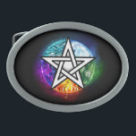 Wasserpentagramm Ovale Gürtelschnalle<br><div class="desc">Künstlich gezeichnet,  leuchtendes Pentagramm mit fünf magischen Elementen,  Wasser,  Erde,  Feuer,  Astral,  Luft auf schwarzem Hintergrund. Wiccan Pentagram. Wicca</div>