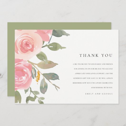 WASSERPINK BLUSH ROSE WATERCOLOR FLUSSBREITE DANKESKARTE (Vorne/Hinten)