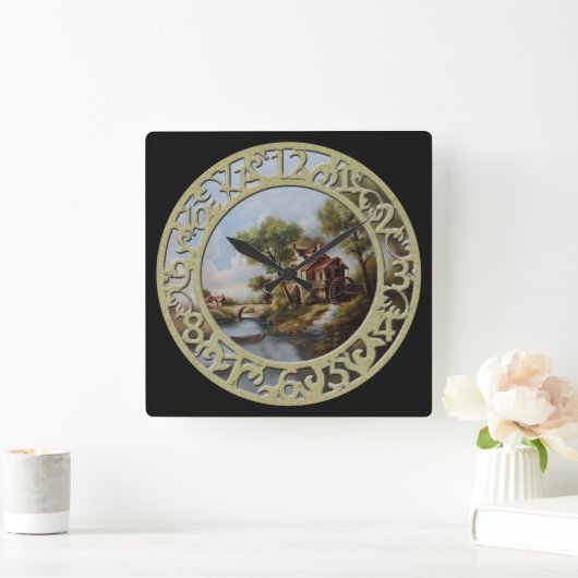 Wasserrad-Hütte im Wasser Quadratische Wanduhr (Zuhause)