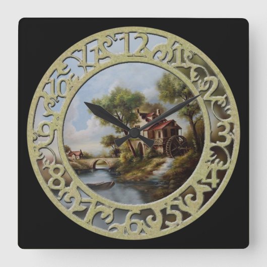 Wasserrad-Hütte im Wasser Quadratische Wanduhr (Vorderseite)