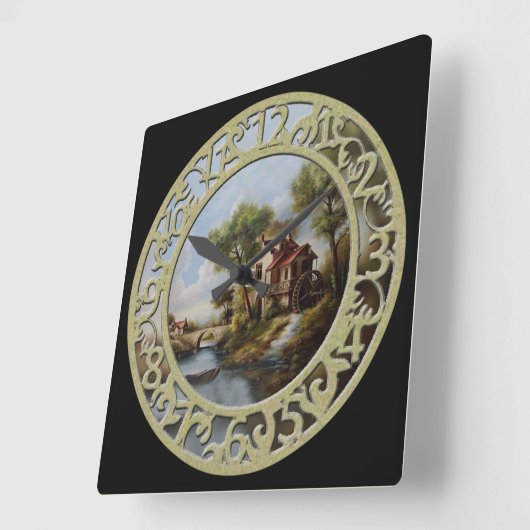 Wasserrad-Hütte im Wasser Quadratische Wanduhr (Winkel)