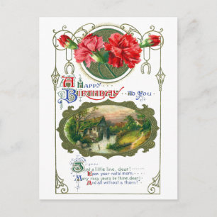 Wasserrad und rote Nelken Vintage Geburtstag Postkarte