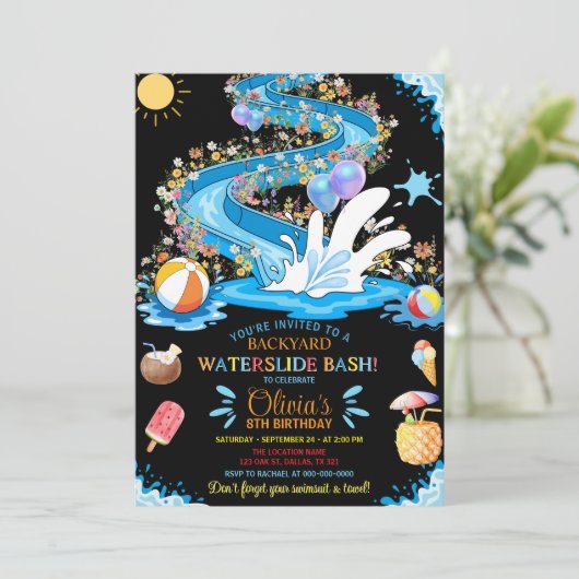 Wasserrutsche Bash Sommer Wildblumen Geburtstagsfe Einladung (Stehend Vorderseite)