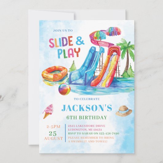 Wasserrutsche Geburtstagsparty Einladung (Vorderseite)