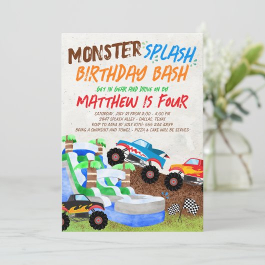Wasserrutsche Monster Truck Geburtstag Einladung (Stehend Vorderseite)