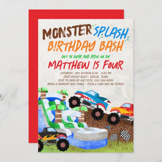 Wasserrutsche Monster Truck Geburtstag Einladung (Vorne/Hinten)