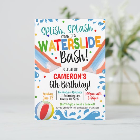 Wasserrutsche Party Einladung (Stehend Vorderseite)