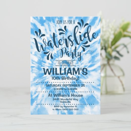 Wasserrutsche Party Einladung Blaue Gefärbte Krawa (Stehend Vorderseite)