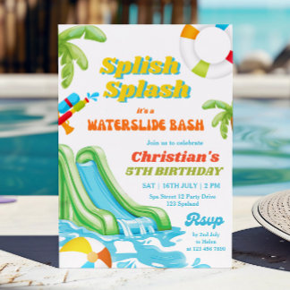 Wasserrutsche Pool Party Geburtstag Junge Einladun Einladung
