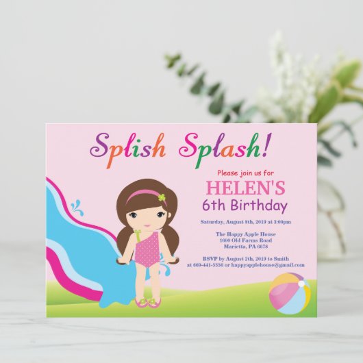 Wasserrutsche Schwimmbad Party Geburtstag Einladun Einladung (Stehend Vorderseite)