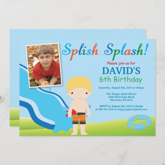 Wasserrutsche Schwimmbad Party Geburtstag Einladun Einladung (Vorne/Hinten)