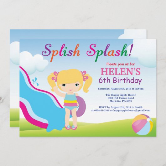 Wasserrutsche Schwimmbad Party Geburtstag Einladun Einladung (Vorne/Hinten)