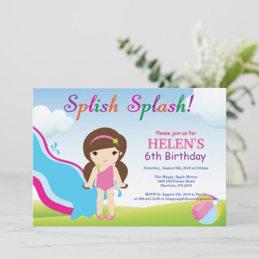 Wasserrutsche Schwimmbad Party Geburtstag Einladun Einladung (Stehend Vorderseite)