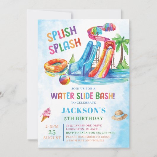 Wasserrutsche Splash Geburtstagsparty Einladung (Vorderseite)