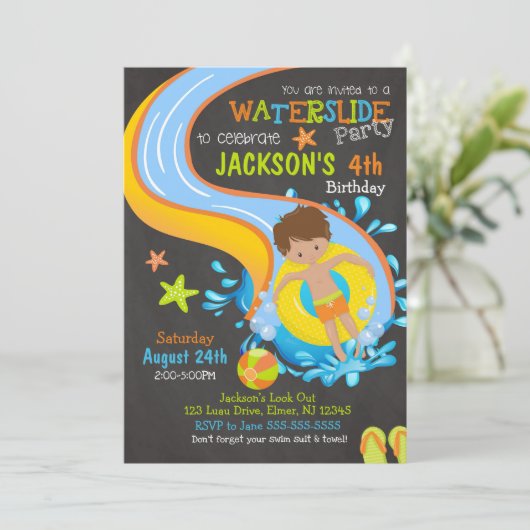 Wasserrutsche zum Geburtstag Einladung / Schwimmba (Stehend Vorderseite)