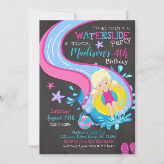 Wasserrutsche zum Geburtstag Einladung / Schwimmba (Vorderseite)