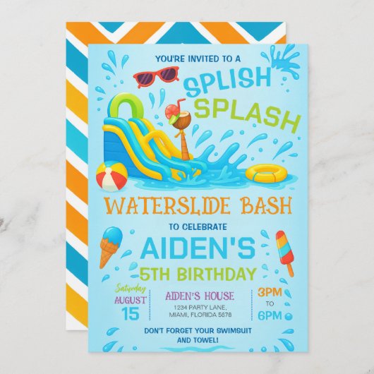 Wasserschieber Einladung, Wasserrutsche Geburtstag Einladung (Vorne/Hinten)