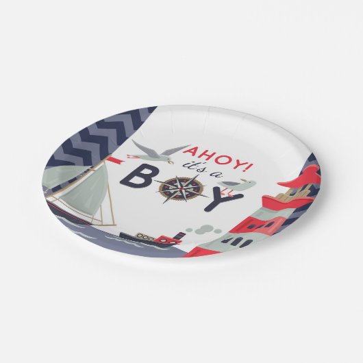 Wasserschiff Ahoy Baby Boy Showdusche Party Pappteller (Schrägansicht)