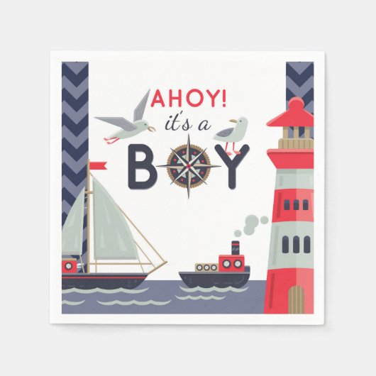 Wasserschiff Ahoy Baby Boy Showdusche Party Serviette (Vorderseite)