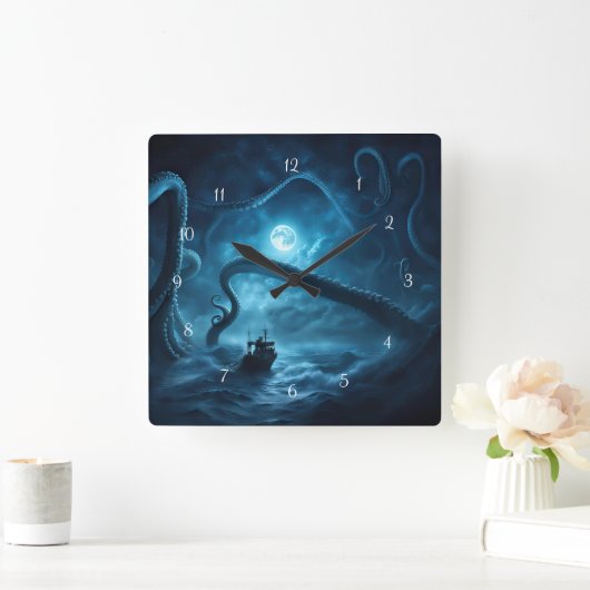 Wasserschiff mit Riesenktopus Quadratische Wanduhr (Zuhause)