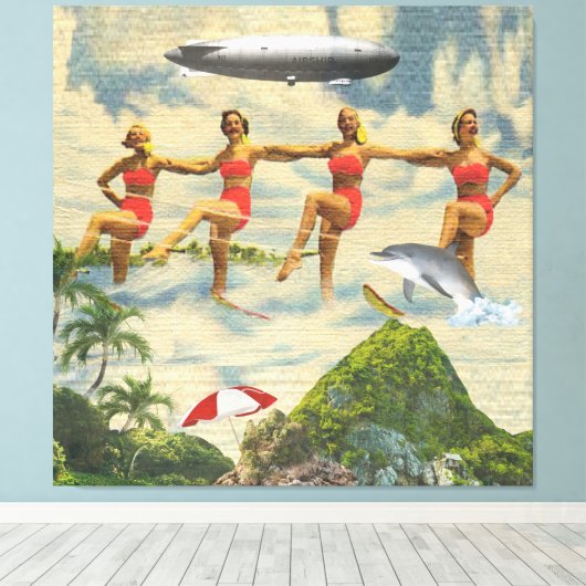 Wasserski Girls Tropical Blimp Dolphin Collage Leinwanddruck (Insitu (Holzboden))