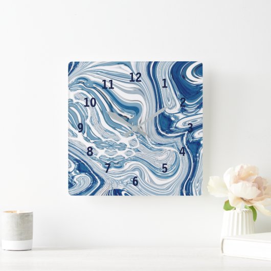 Wassersportwellen am Strand Aquarellblau Wirbel Quadratische Wanduhr (Zuhause)