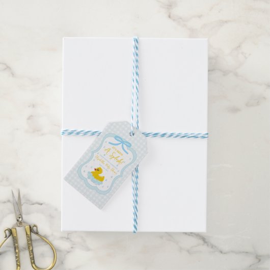 Wassertropfen Gingham-Junge Baby Shower Dankeschön Geschenkanhänger (Mit Garn)