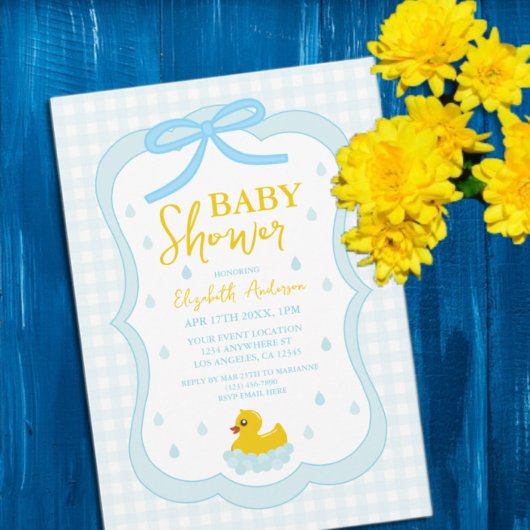 Wassertropfen Gingham-Jungen-Baby-Party Einladung
