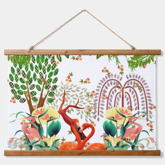 Wasservögel Flamingo Couple Tree of Life Spring Wandteppich Mit Holzrahmen (Vorne)
