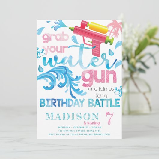 Wasserwaffe Sommergeburtstag Party für Mädchen Einladung (Stehend Vorderseite)