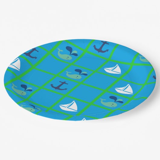Wasserwal, Segelboot, Anchor Blue Green Tellers Pappteller (Schrägansicht)