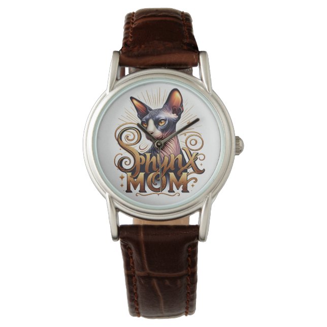 Watch Brown Leather Strap | Sphynx Cat Mama Armbanduhr (Vorderseite)