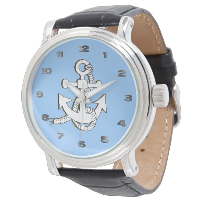 Watch - White Anchor auf blauem Hintergrund Armbanduhr (Schrägansicht)