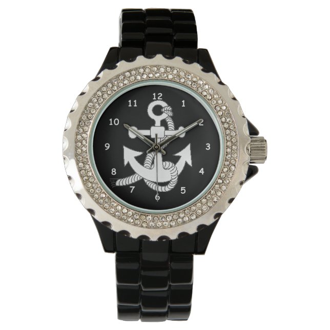 Watch - White Anchor auf Schwarz Armbanduhr (Vorderseite)