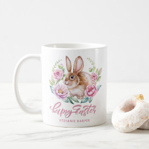 Watecolor Kaninchen und rosa Blume Frohe Ostern Kaffeetasse