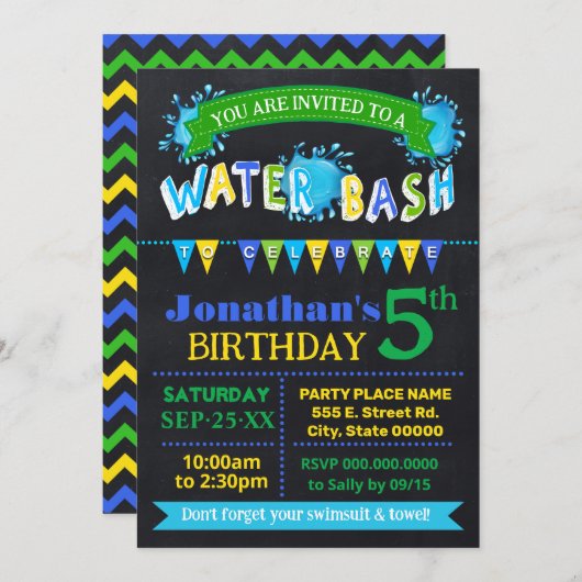 Water Bash Birthday Party Blue Green Chalkboard Einladung (Vorne/Hinten)